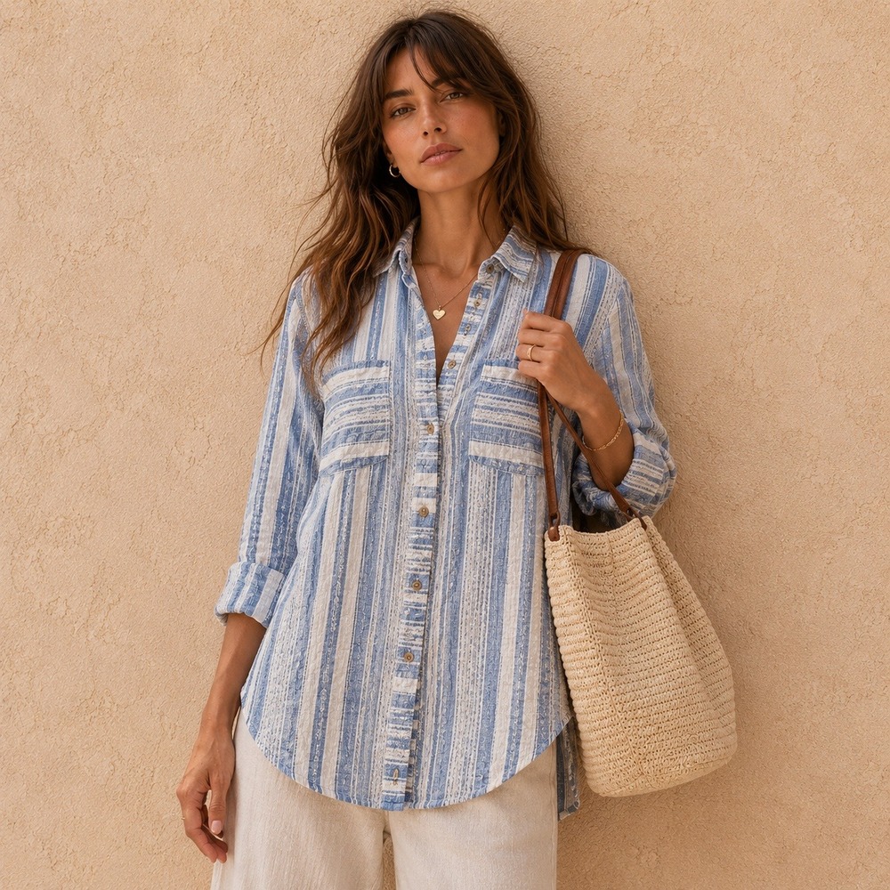 Susan Graver Coastal Stripe Textured Cotton Seaside Blouse Blue White Sz L
